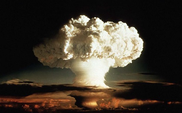 The mushroom cloud of the first test of a hydrogen bomb